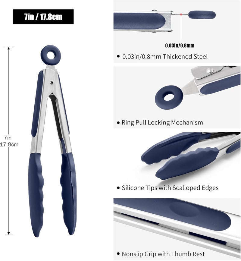 Doosu Kitchen Tongs for Cooking - 600°F Heat Resistant Food Tong with Non-Scratch Silicone Tips, Heavy Duty Stainless Steel Locking Tong for BBQ, Grilling Steak, Serving Salad Pasta (7in, Navy Blue) - Image 2
